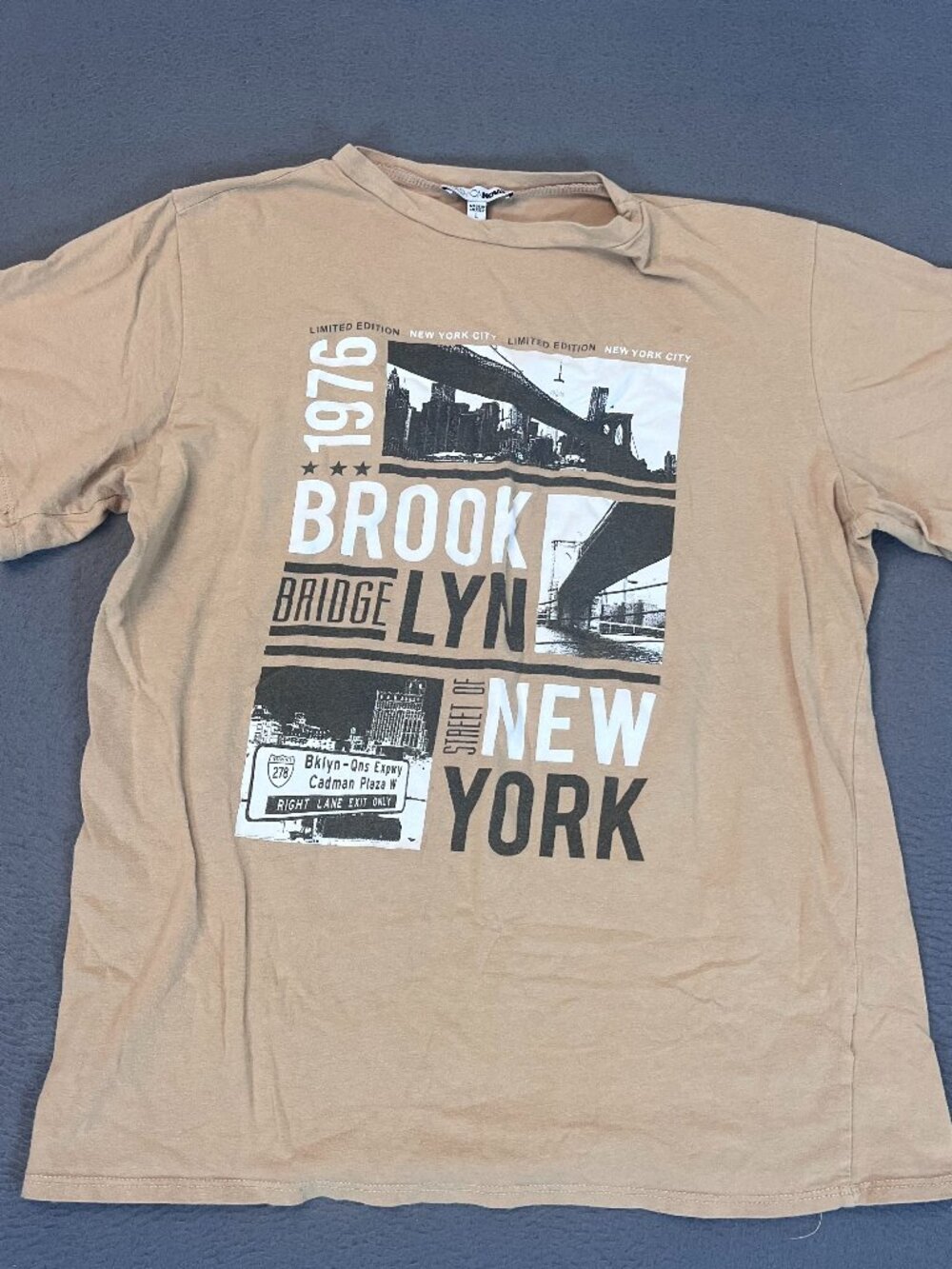 Fashion Nova Mens Large Brooklyn NYC Graphic T-Shirt Tan Cotton Tee Short Sleeve